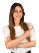 Woman demonstrating copy space. Transparent png image of attractive cheerful woman. Ad, advertising concept idea. Smiling and looking camera. Finger pointing up.