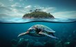 A red sea turtle swims in the ocean with an island in the background. Generative AI.