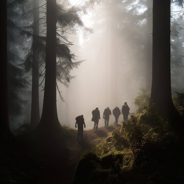 group of five hikers travelling through misty green and overgrown forest, god rays peaking through t