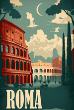 An Vintage 1950s Rome Poster Featuring The Colosseum And Pantheon In The Background. Grey Cloudy Sky With Vivid Colors And Flat Design. Generative AI