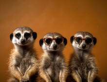 A Trio Of Meerkats Wearing Stylish Sunglasses And Striking A Pose, Animal Banner With Empty Space For Text (created With Generative AI)