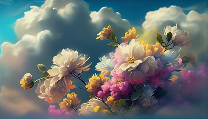 Wall Mural - Flowers blooming in the clouds. Fantasy illustration. Generative ai.