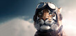 noble tiger wearing a pilot's helmet and goggles, animal banner with empty space for text (created with Generative AI)