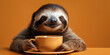 contented sloth sipping tea from a dainty cup, animal banner with empty space for text (created with Generative AI)