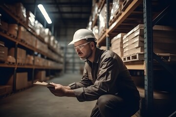 Employee worker warehouse working in ware house checking product and stock, management factory, production lines, industry logistics, packaging control. Generative Ai.