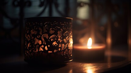 Poster -  a lit candle sitting on top of a table next to a window sill with a wrought iron design on the top of it and a candle holder.  generative ai