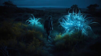  two people walking down a trail with blue lights in the grass and bushes in the foreground, and a dark sky in the background.  generative ai