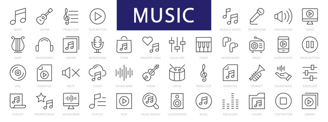 music thin line icons set. simple music editable stroke icons. music, audio, sound icons. vector ill
