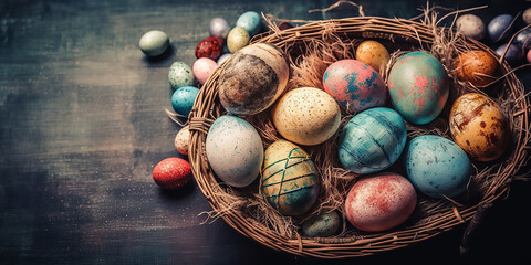 egg-citing easter decor: painted eggs in a basket on a sunny day
