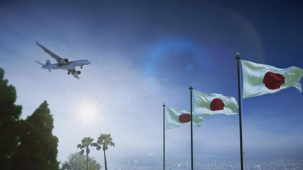 Wall Mural - airplane landing in tokyo, japan. a generic passenger plane lowering its landing gears approaching a