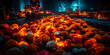 Marigold flowers and candles, wide. Day of the Dead cemetery at night, Mexico. Generative AI