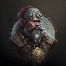 DD Character Portrait Artistic Grizzled Dwarf Soldier With A Heavy Metal Helmet Wearing Gemstone Jewery With An Icon Of A Gemstone On His Platemail Chestplate 