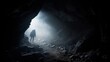  a person standing in a cave with a light coming from the end of the cave and fog coming from the cave behind them, with a person standing in the cave.  generative ai