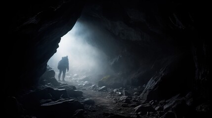  a person standing in a cave with a light coming from the end of the cave and fog coming from the cave behind them, with a person standing in the cave.  generative ai