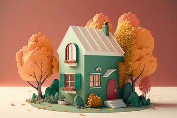 Wall Mural - House with autumn trees in the background. 3d illustration