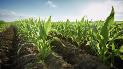 Wall Mural - Springtime corn field with fresh, green sprouts. Generative AI