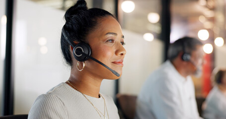 Poster - Contact us, call center or telemarketing worker typing an email for feedback or helping a client in customer services. Productivity, microphone or sales consultant working on research at office desk