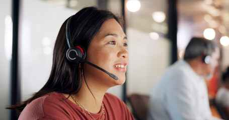 Poster - Call center, woman and phone call, contact us with CRM, customer service or telemarketing sales, conversation and technology. Communication, headset and female call centre employee, help and computer