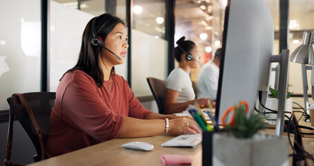 Poster - Call center, woman and phone call, contact us with CRM, customer service or telemarketing sales, conversation and technology. Communication, headset and female call centre employee, help and computer
