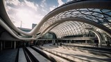 Fototapeta Londyn -  a train station with a train on the tracks and people walking around the station and a building with a curved roof and a sky background.  generative ai