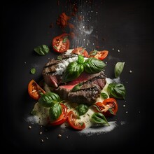 Photograh Of Restaurant Dish Stockphoto Style Grilled Steak Tomatos Basil Salt Detailed Hyper Realistic 