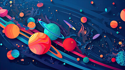 Wall Mural - abstract space background with planets and solar system from colored paper. generative ai