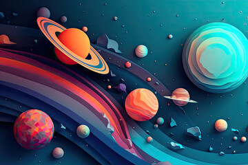 Wall Mural - abstract space background with planets and solar system from colored paper. generative ai