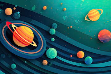 Wall Mural - abstract space background with planets and solar system from colored paper. generative ai
