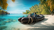Concept of scuba diving with air tank and equipment lying on a boat in front of a tropical paradise beach with turquoise sea and palm trees. generative ai