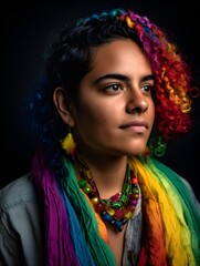 Trans person wearing rainbow-themed outfit, LBGTQA+ portraits, PRIDE, AI-Generated 