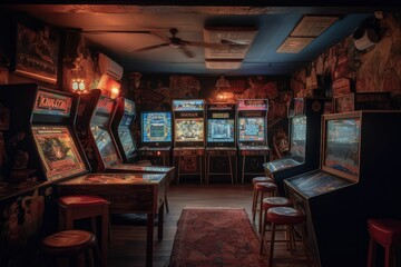 Wall Mural - arcade machines in a games room, generative ai