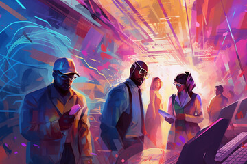 Wall Mural - diverse multicultural group of business people meeting, teambuilding concept for efficient collaboration, Painterly futuristic illustration, generative AI