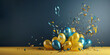 Celebration blue background with yellow-blue, gold balloons, gifts and confetti. AI generated 