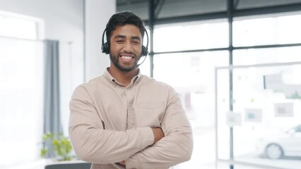 Poster - Call center consultant, man with arms crossed and face, happy with confidence and contact us. Portrait, telecom and male smile with CRM, customer support or telemarketing with agent and help desk