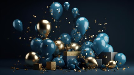 Celebration dark background with blue, gold balloons, gifts and confetti. AI generated