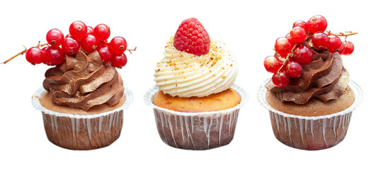 Wall Mural - Chcocolate and vanilla cupcakes isolated on white background with fresh berries on top