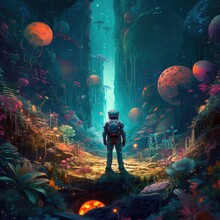 Astronaut Carefully Goes To An Unknown Planet, Where The Primeval Forest Is Filled With Bright And Colorful Flora. He Thoroughly Explores Every Corner, Not Missing A Single Detail. Generative AI