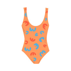 Wall Mural - Female one piece swimsuit. Stylish orange swimwear with abstract pattern. Flat hand drawn colorful vector illustration isolated on white background.