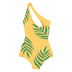 Wall Mural - Female one piece swimsuit. Stylish yellow swimwear with green branch palm. Swim clothes with neckline and on one shoulder. Flat hand drawn colorful vector illustration isolated on white background.