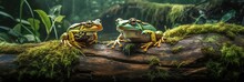 Beautiful Header For Website About Wildlife And Nature With Beautiful Close Up Exotic Frogs Sitting On Mossy Log In Tropical Forest. Generated With AI.