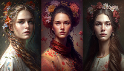 Beautiful women with blossoms in hair, art noveau style. Fictional characters created with Generative AI.