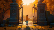A Young Girl Stands In Front Of A Magical Gate Emitting A Bright Yellow Light, The Gate Is Surrounded By A Forest With Tall Trees And Lush Vegetation. Generative AI