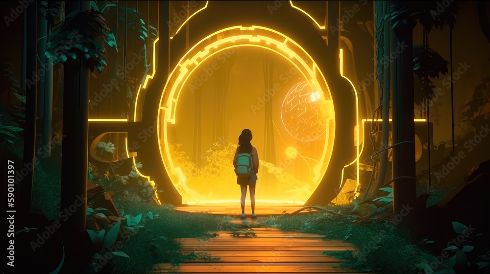 A young girl stands in front of a magical gate emitting a bright yellow ...