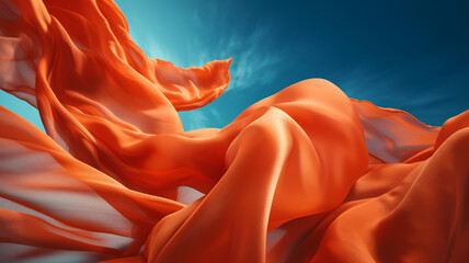 Vibrant orange silk banners against a blue summer sky. Created with Generative AI.
