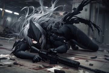 Wall Mural - beautiful and terrifying female cyberpunk ninja posing on floor, japanese animation style. generative AI