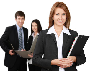 Canvas Print - Young businessman and women working together in office isolated on white background