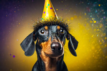 Dachshund Dog With A Party Hat On His Head On A Colorful Background. Generative AI.
