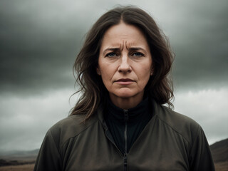 Dramatic portrait of a woman, late autumn season, wild landscape as background, dark sky with storm clouds. Generative AI.