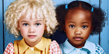 Cute Black And White Twins With Blonde And Black Curly Hair And Colorful Dresses, Twin, Kids, Generative AI