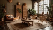 A Rustic Asian-inspired Living Room With A Woven Rattan Armchair, A Sisal Rug, And A Wooden Coffee Table, Generative Ai